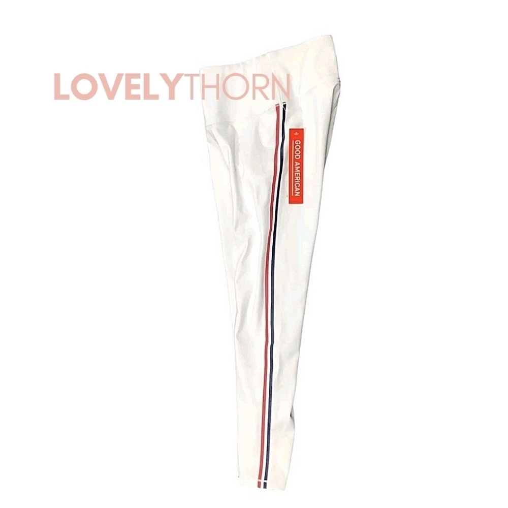 GOOD AMERICAN // white high rise 7/8 leggings red & blue side stripes - Picture 7 of 9